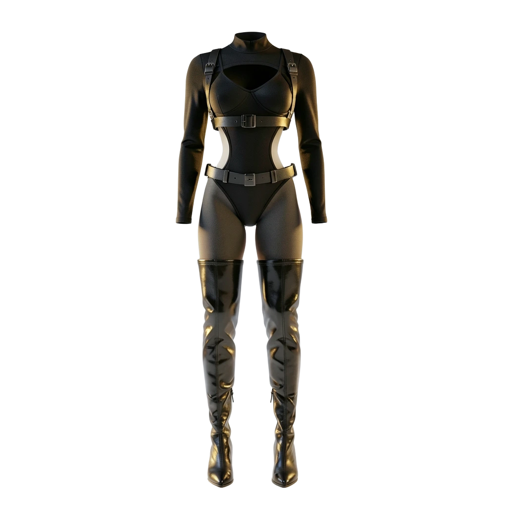 Black bodysuit with thigh armor