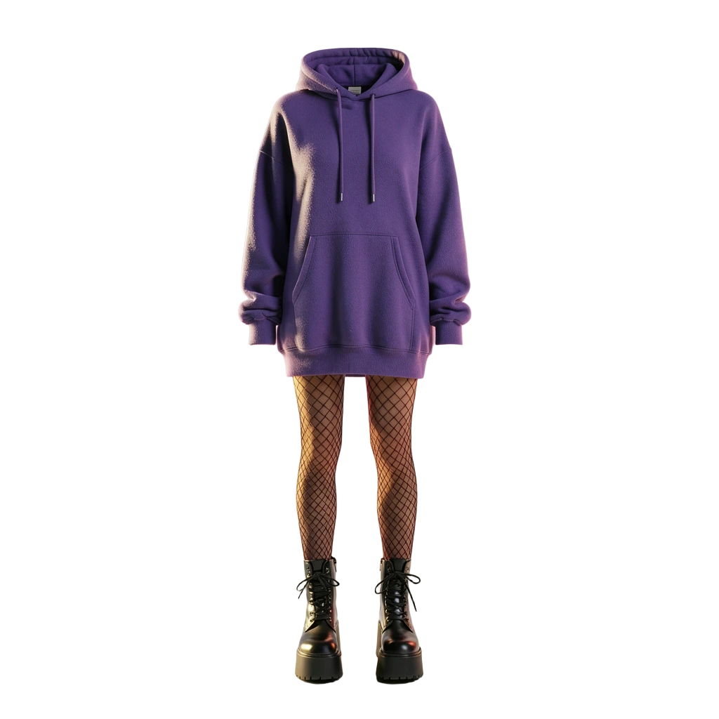 Purple hoodie look with fishnets